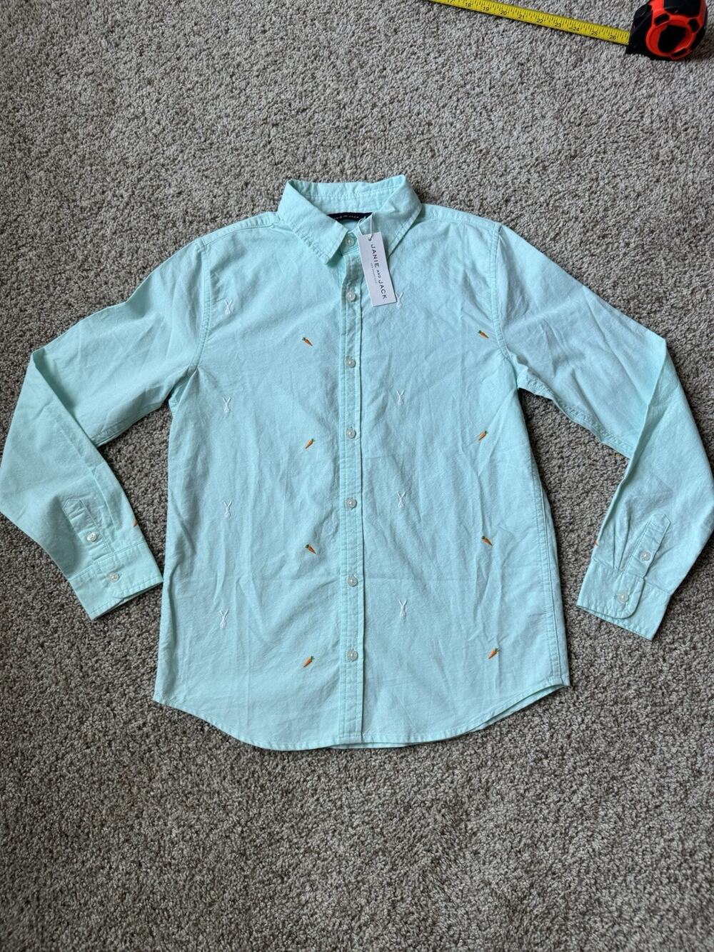 Janie and Jack Boys Teal Button Down Shirt NWT Size 16 Easter Carrot Bunny